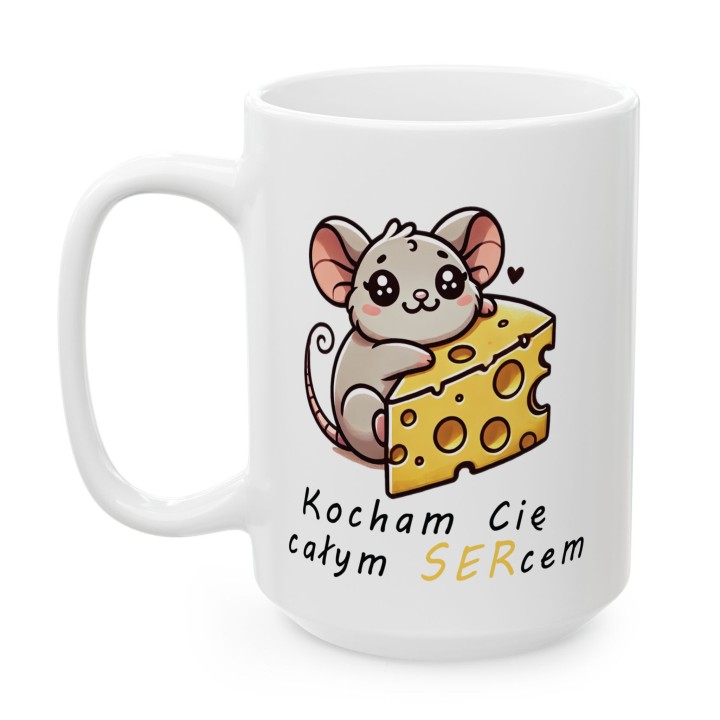 Kubek z nadrukiem myszka i ser „Kocham Cię całym SERcem” – prezent na Walentynki
