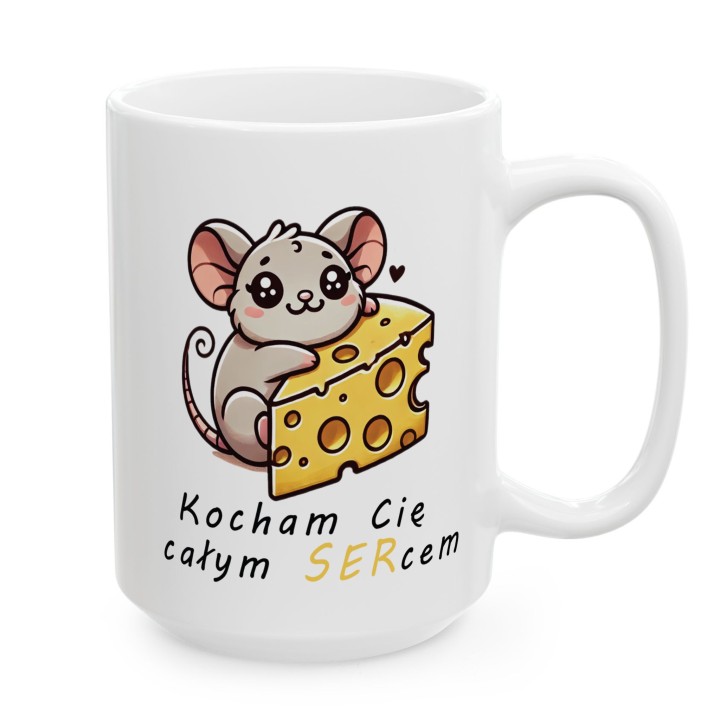 Kubek z nadrukiem myszka i ser „Kocham Cię całym SERcem” – prezent na Walentynki