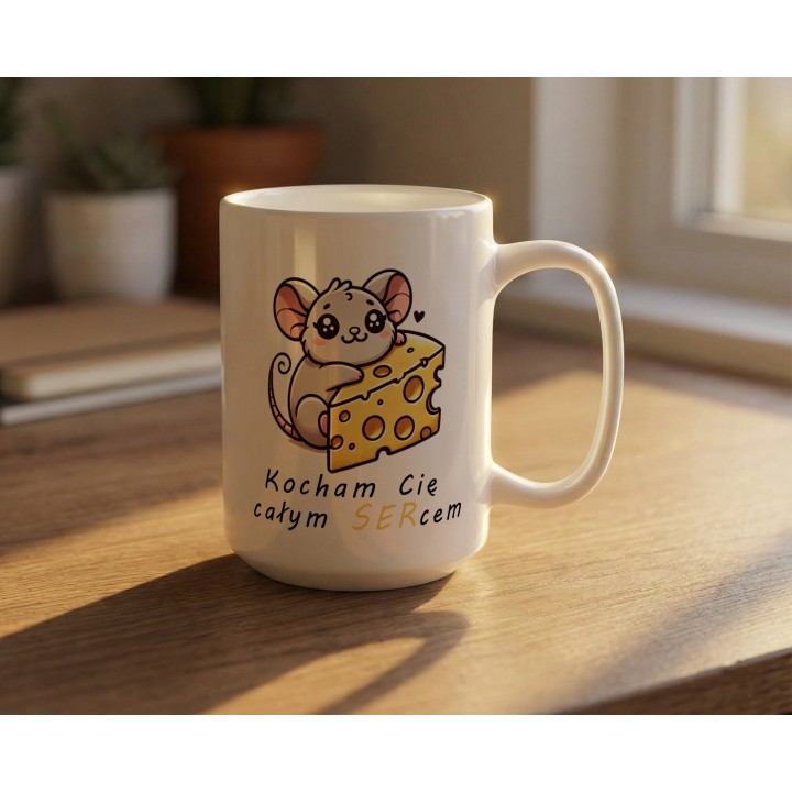 Kubek z nadrukiem myszka i ser „Kocham Cię całym SERcem” – prezent na Walentynki