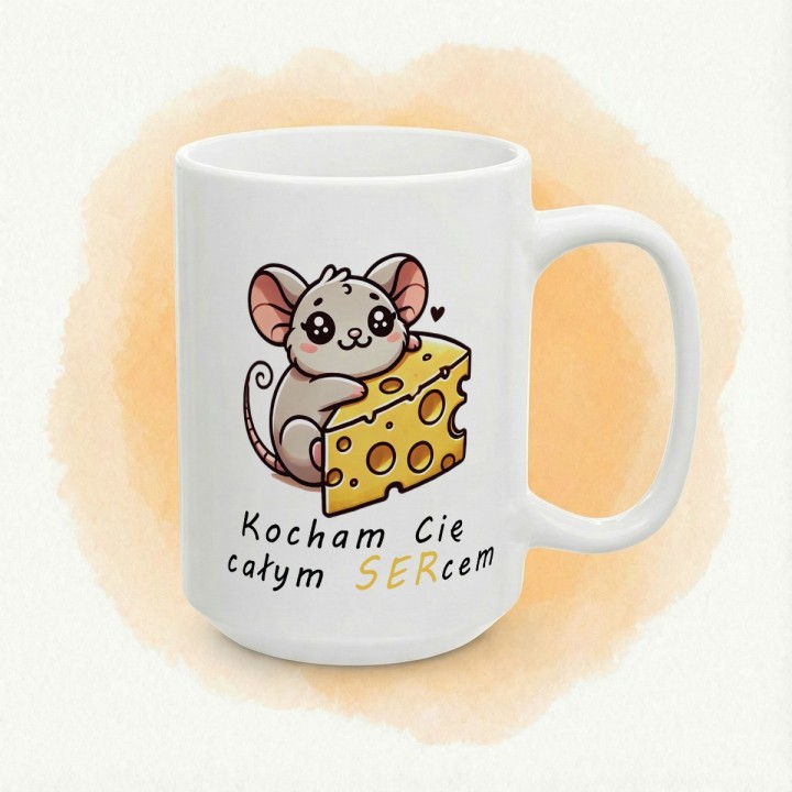Kubek z nadrukiem myszka i ser „Kocham Cię całym SERcem” – prezent na Walentynki