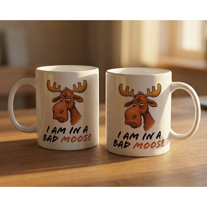 Kubek z nadrukiem łosia „I AM IN A BAD MOOSE” – śmieszny kubek do biura i na prezent