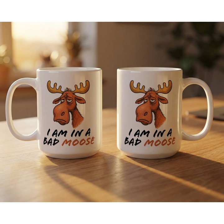 Kubek z nadrukiem łosia „I AM IN A BAD MOOSE” – śmieszny kubek do biura i na prezent
