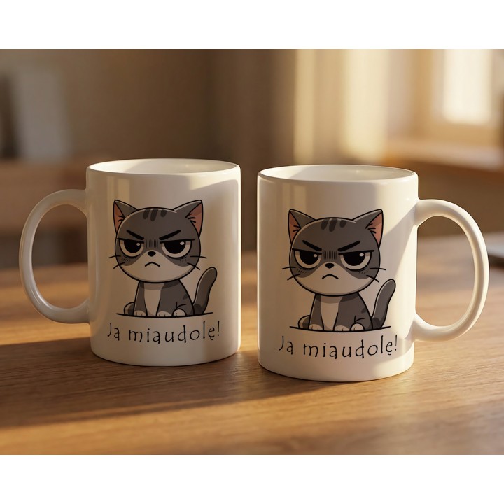 Kubek z nadrukiem kota „Ja miaudole!” – śmieszny kubek dla kociarzy do biura