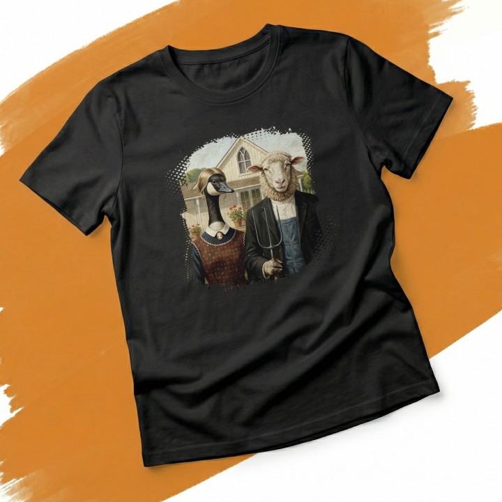 Koszulka American Gothic Parodia Gęś i Owca Śmieszny Nadruk
