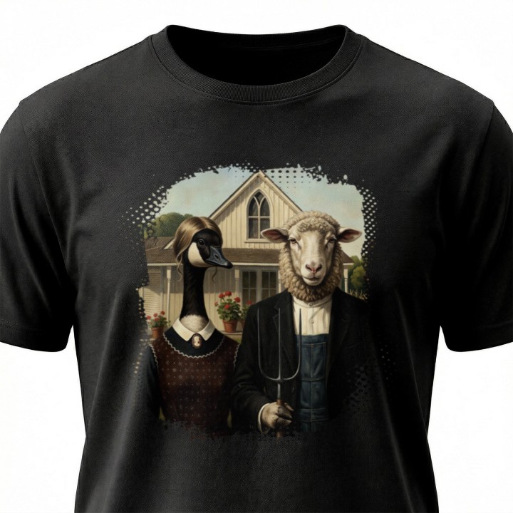 Koszulka American Gothic Parodia Gęś i Owca Śmieszny Nadruk