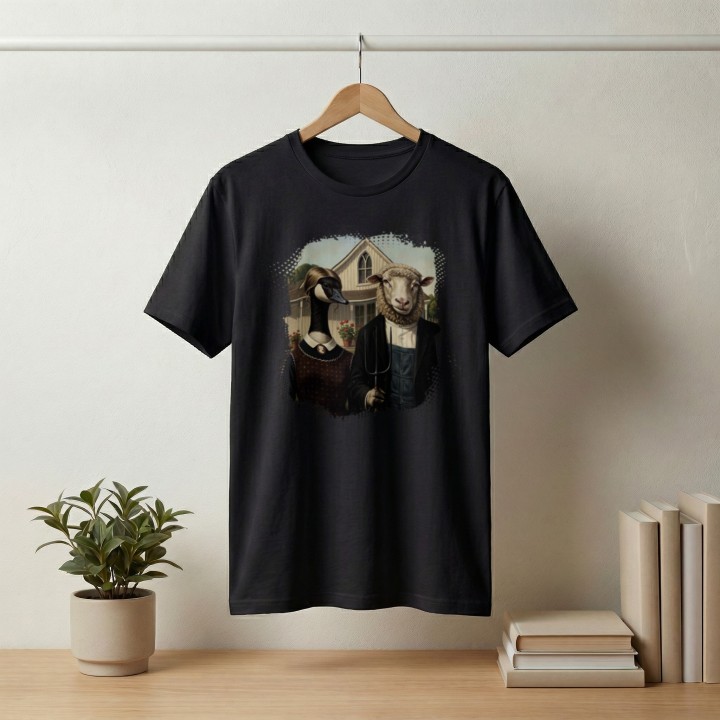 Koszulka American Gothic Parodia Gęś i Owca Śmieszny Nadruk