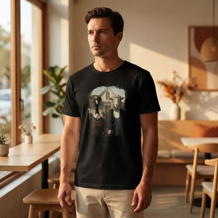 Koszulka American Gothic Parodia Gęś i Owca Śmieszny Nadruk