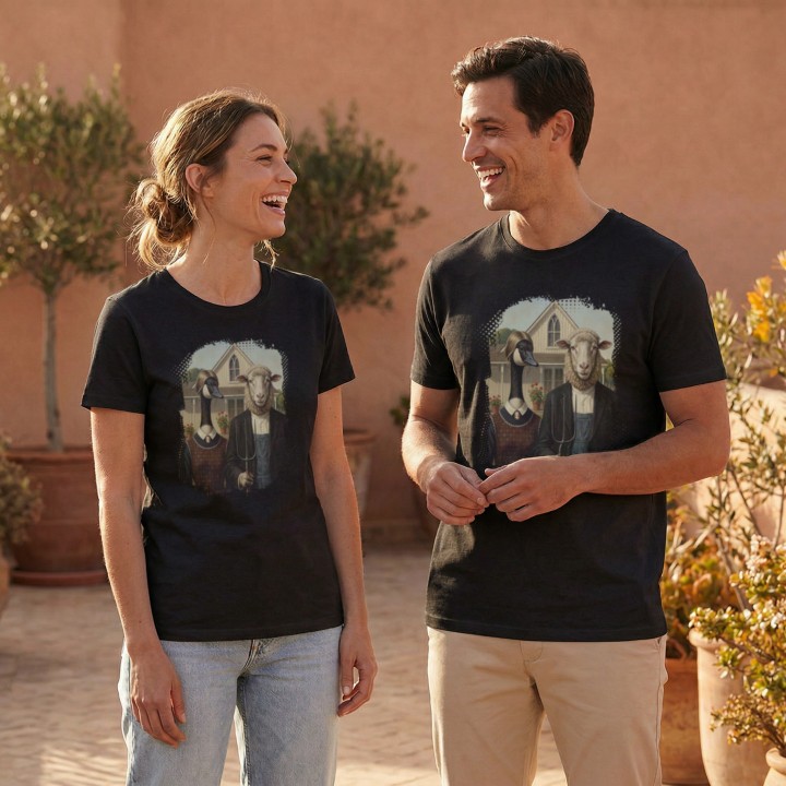 Koszulka American Gothic Parodia Gęś i Owca Śmieszny Nadruk