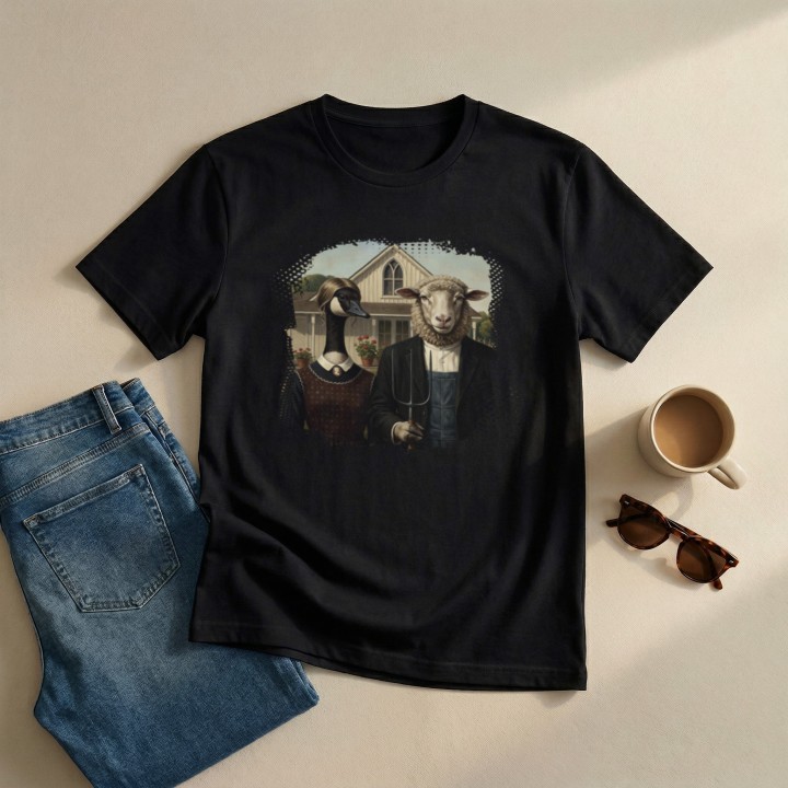 Koszulka American Gothic Parodia Gęś i Owca Śmieszny Nadruk