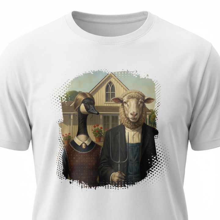 Koszulka American Gothic Parodia Gęś i Owca Śmieszny Nadruk
