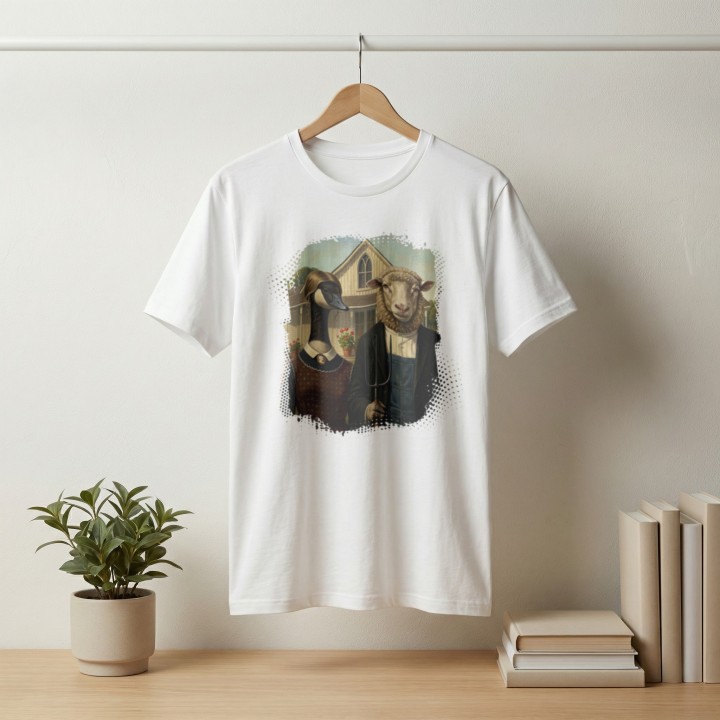 Koszulka American Gothic Parodia Gęś i Owca Śmieszny Nadruk