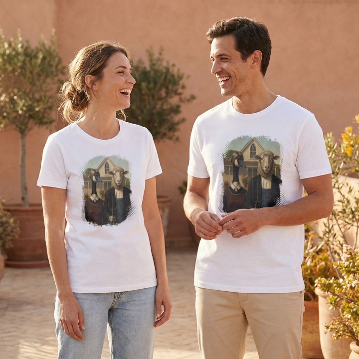 Koszulka American Gothic Parodia Gęś i Owca Śmieszny Nadruk