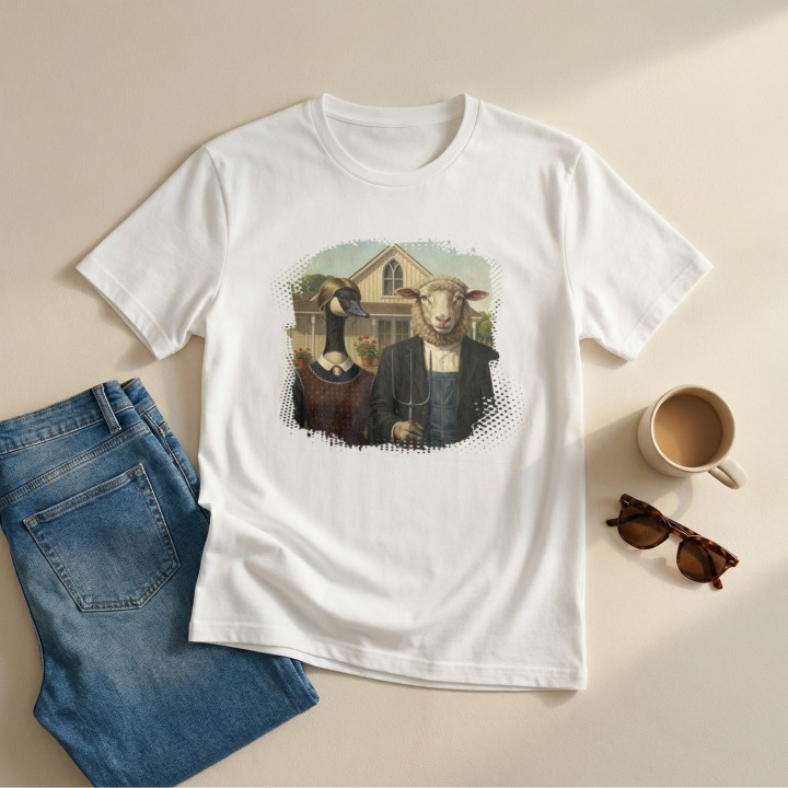 Koszulka American Gothic Parodia Gęś i Owca Śmieszny Nadruk