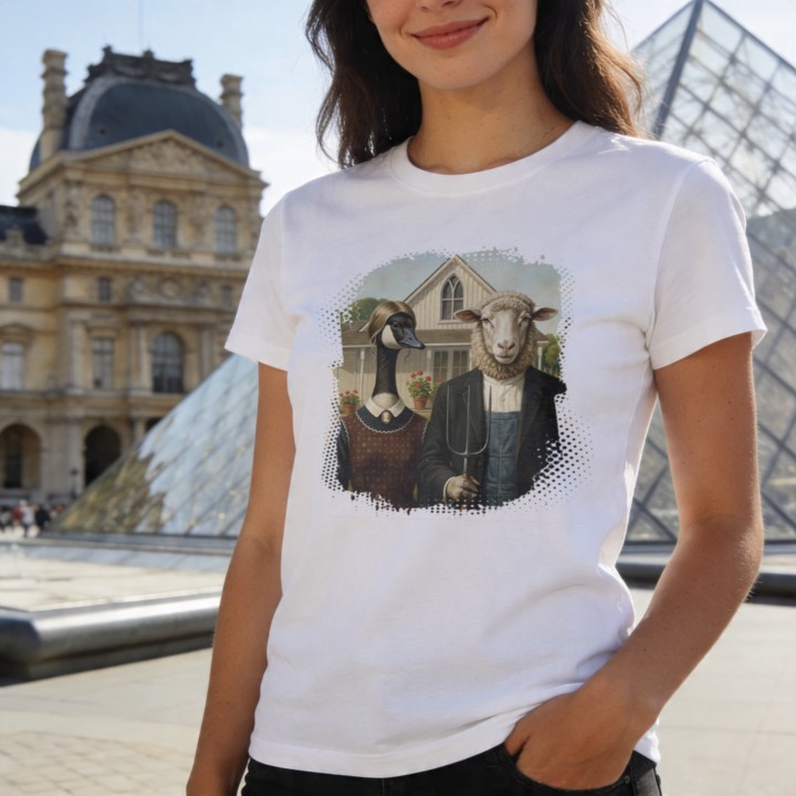 Koszulka American Gothic Parodia Gęś i Owca Śmieszny Nadruk