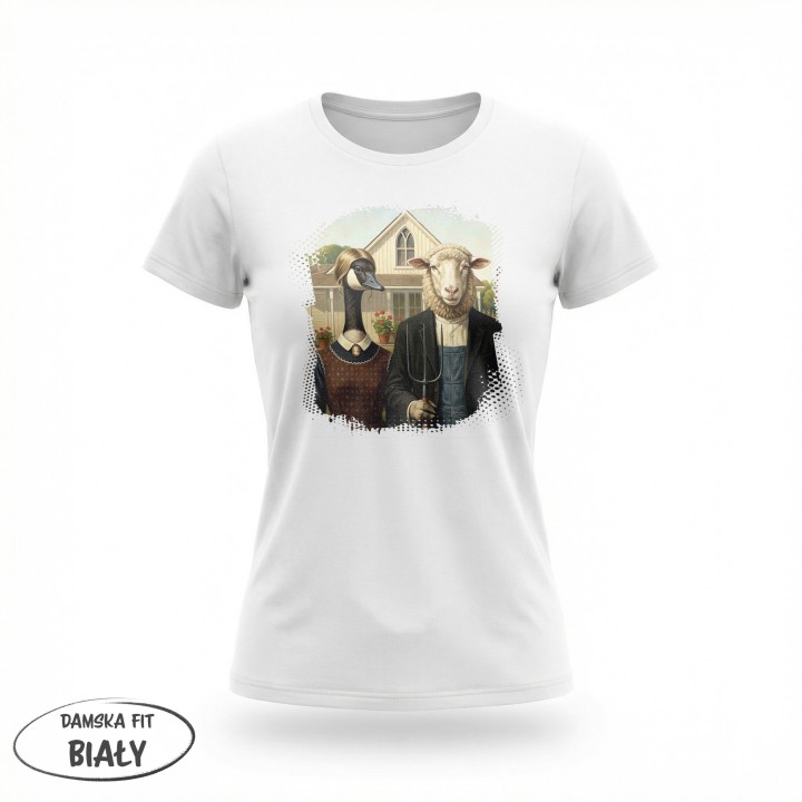 Koszulka American Gothic Parodia Gęś i Owca Śmieszny Nadruk