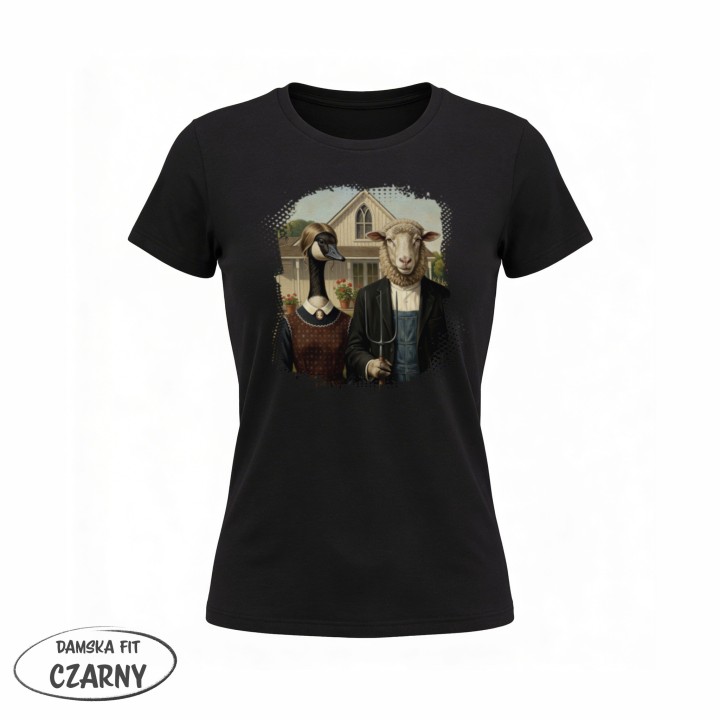 Koszulka American Gothic Parodia Gęś i Owca Śmieszny Nadruk
