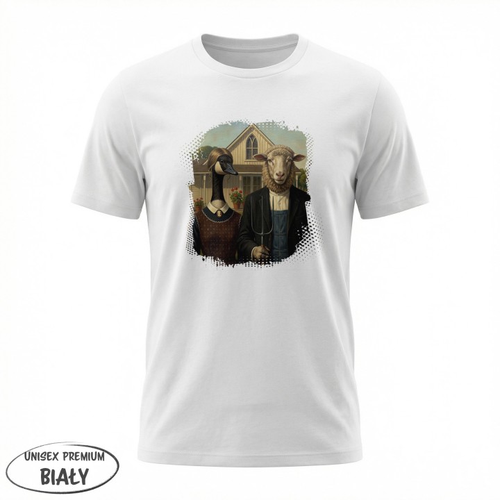Koszulka American Gothic Parodia Gęś i Owca Śmieszny Nadruk