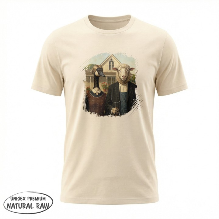 Koszulka American Gothic Parodia Gęś i Owca Śmieszny Nadruk