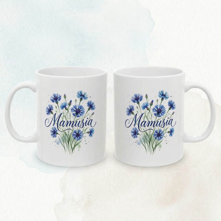 Kubek z nadrukiem Mamusia - prezent dla mamy, motyw chabry