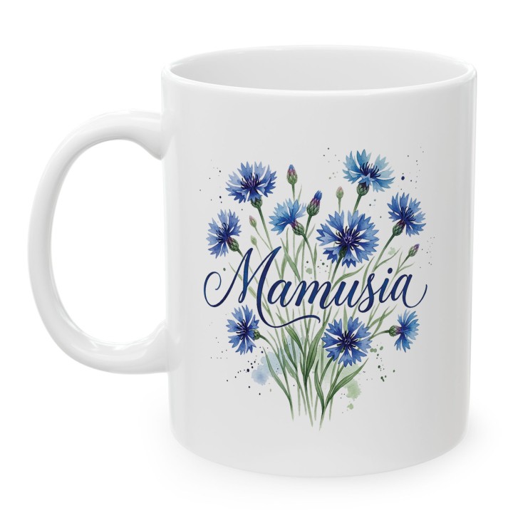 Kubek z nadrukiem Mamusia - prezent dla mamy, motyw chabry