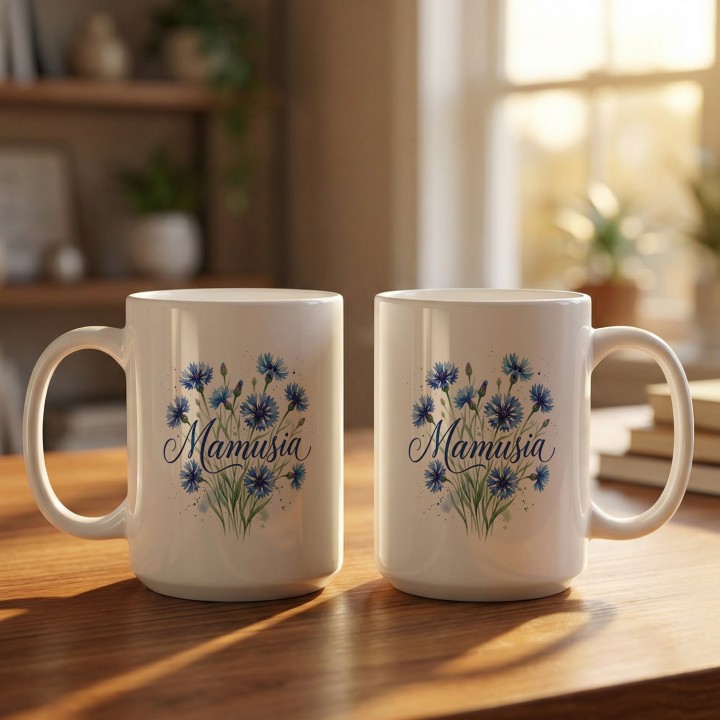 Kubek z nadrukiem Mamusia - prezent dla mamy, motyw chabry