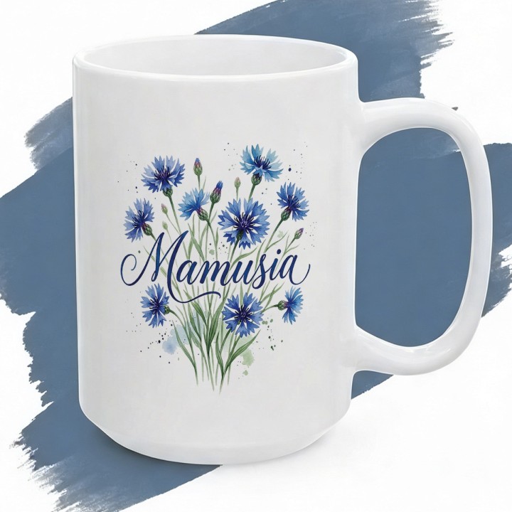 Kubek z nadrukiem Mamusia - prezent dla mamy, motyw chabry