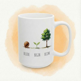 Kubek z nadrukiem „BELIEVE BEGIN BECOME” – minimalistyczny motyw wzrostu na prezent