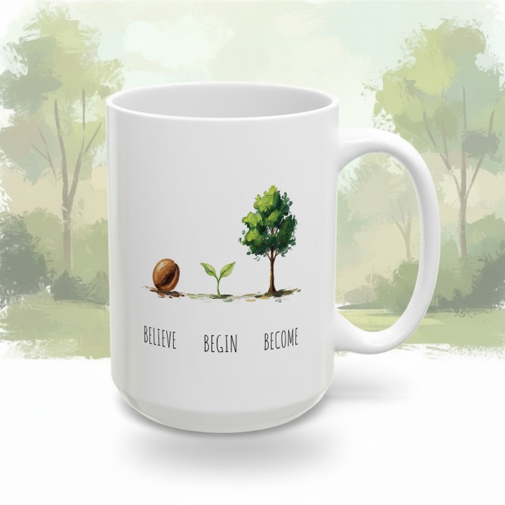 Kubek z nadrukiem „BELIEVE BEGIN BECOME” – minimalistyczny motyw wzrostu na prezent