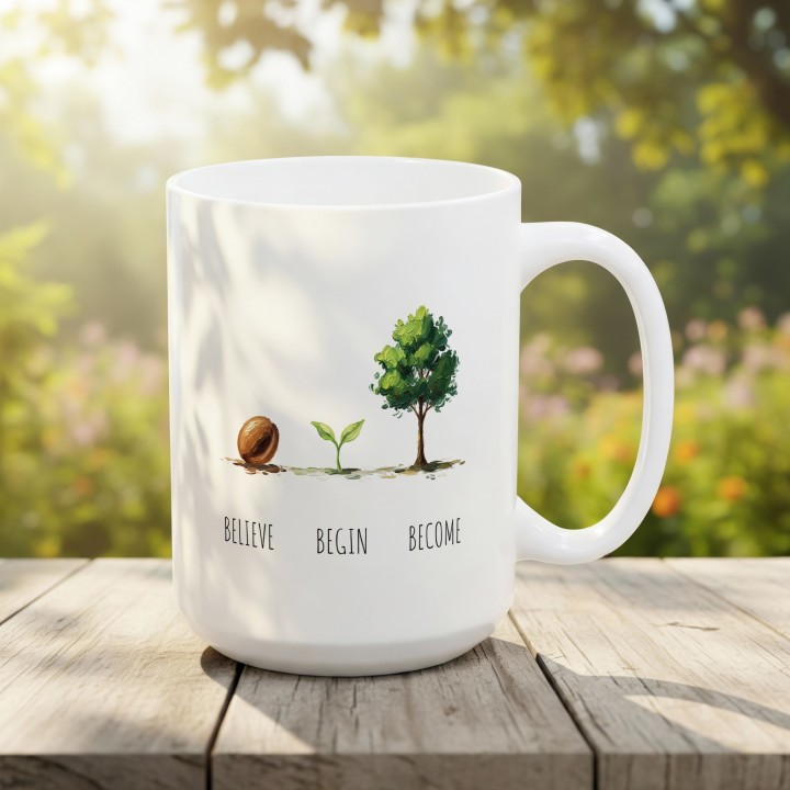 Kubek z nadrukiem „BELIEVE BEGIN BECOME” – minimalistyczny motyw wzrostu na prezent