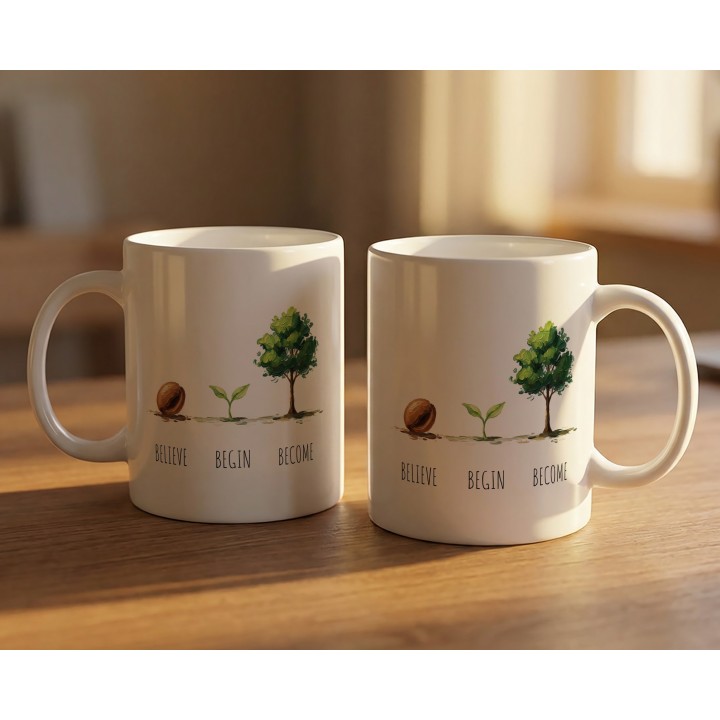 Kubek z nadrukiem „BELIEVE BEGIN BECOME” – minimalistyczny motyw wzrostu na prezent