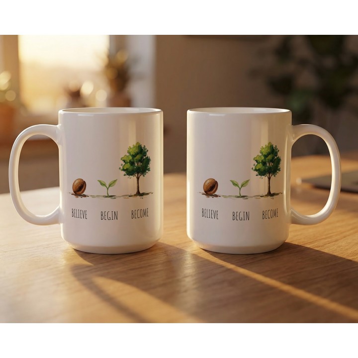Kubek z nadrukiem „BELIEVE BEGIN BECOME” – minimalistyczny motyw wzrostu na prezent