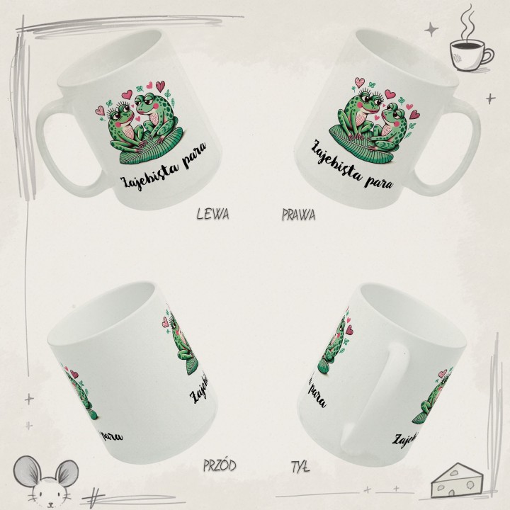 Kubek z nadrukiem „Żajebista para” – żabki i serduszka, prezent dla par
