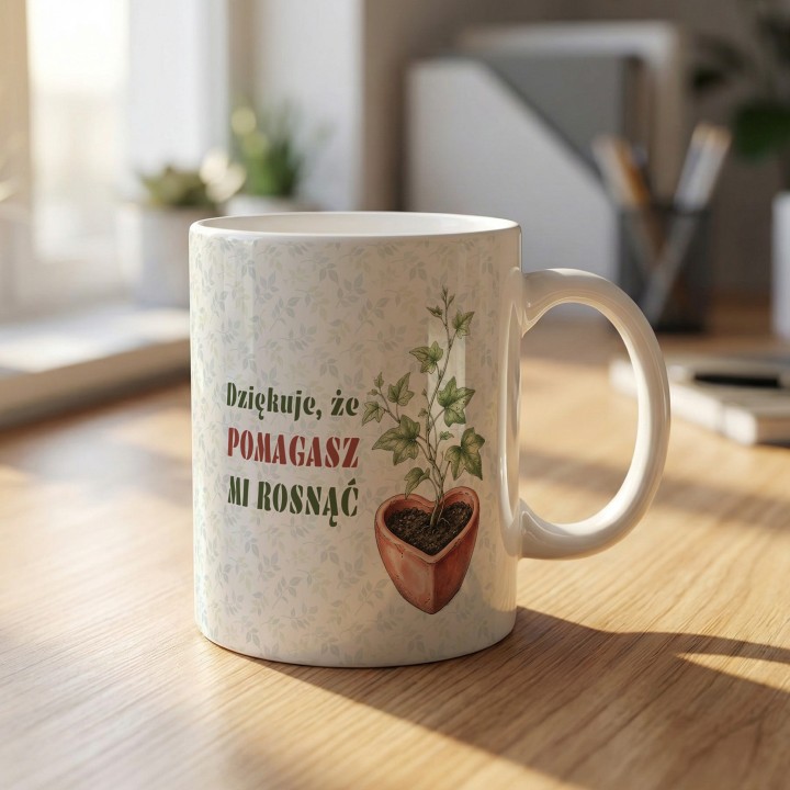 Kubek z nadrukiem Dziękuję, że pomagasz mi rosnąć – prezent dla nauczyciela lub mamy
