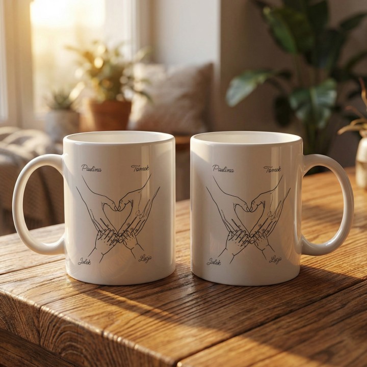 Personalizowany kubek Rodzina 2+2 dłonie serce – prezent z imionami