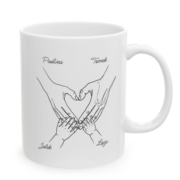 Personalizowany kubek Rodzina 2+2 dłonie serce – prezent z imionami