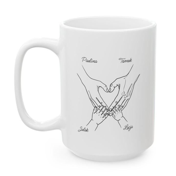 Personalizowany kubek Rodzina 2+2 dłonie serce – prezent z imionami