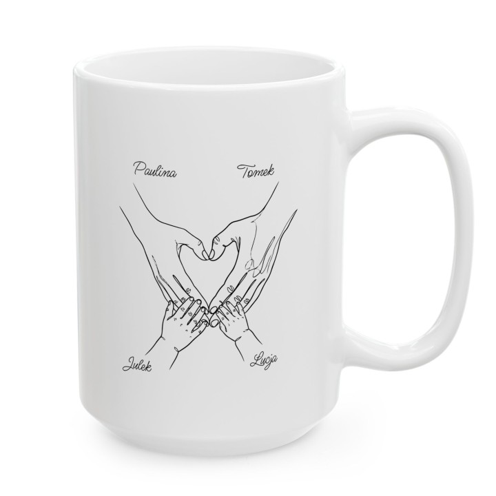 Personalizowany kubek Rodzina 2+2 dłonie serce – prezent z imionami