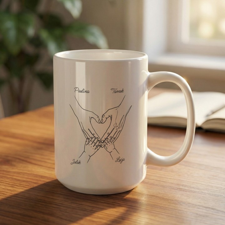 Personalizowany kubek Rodzina 2+2 dłonie serce – prezent z imionami