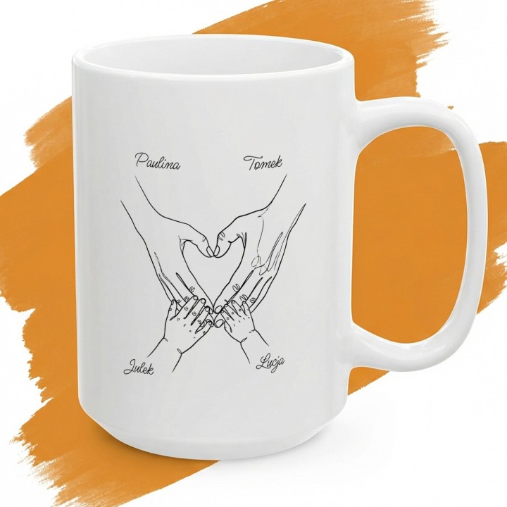 Personalizowany kubek Rodzina 2+2 dłonie serce – prezent z imionami