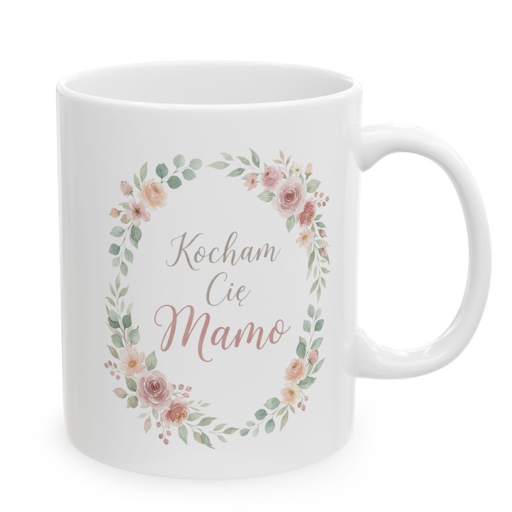 Kubek dla mamy Kocham Cię Mamo w kwiatach - Prezent na Dzień Matki