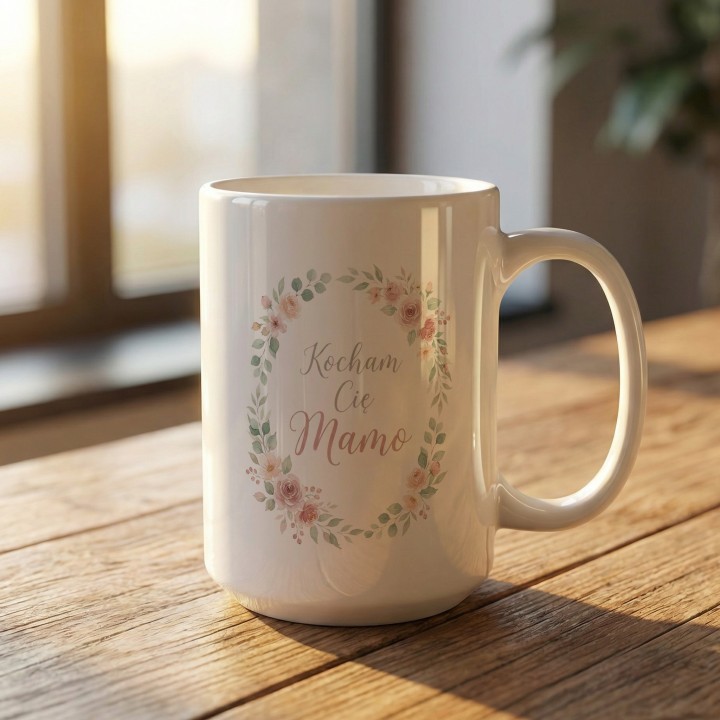 Kubek dla mamy Kocham Cię Mamo w kwiatach - Prezent na Dzień Matki