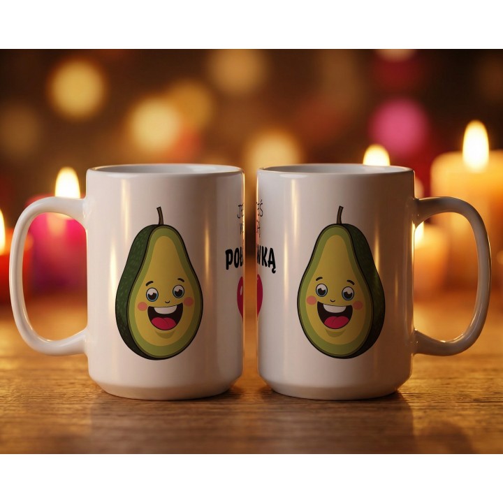 Kubek z nadrukiem „Jesteś moją połówką” – awokado i serce, prezent dla par