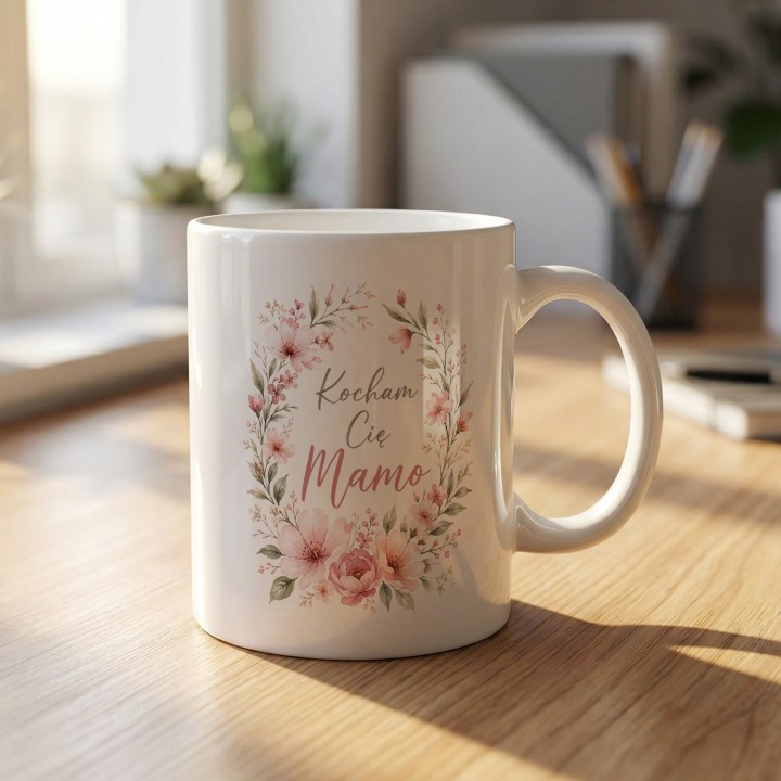 Kubek z napisem Kocham Cię Mamo w kwiaty - Uroczy prezent