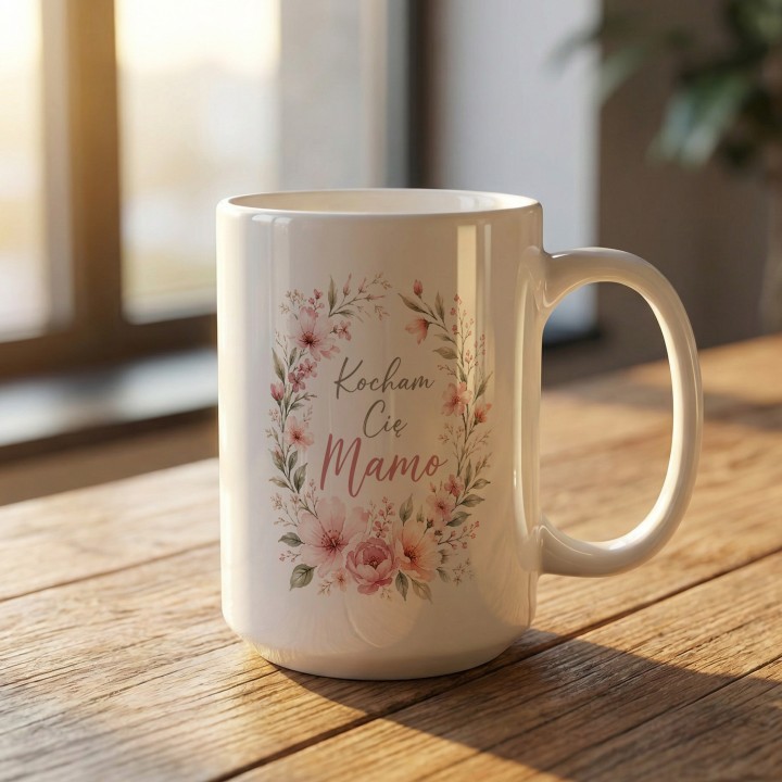 Kubek z napisem Kocham Cię Mamo w kwiaty - Uroczy prezent
