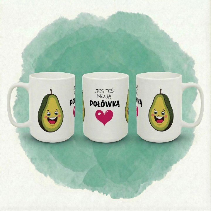 Kubek z nadrukiem „Jesteś moją połówką” – awokado i serce, prezent dla par
