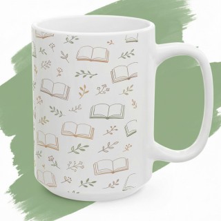 Kubek dla czytelnika wzór w książki i rośliny prezent dla fana literatury