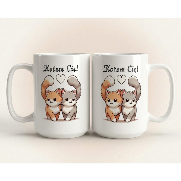 Kubek z nadrukiem „Kotam Cię!” – zakochane kotki, prezent na walentynki dla par
