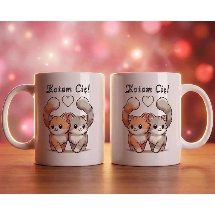 Kubek z nadrukiem „Kotam Cię!” – zakochane kotki, prezent na walentynki dla par