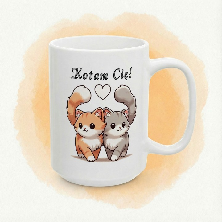 Kubek z nadrukiem „Kotam Cię!” – zakochane kotki, prezent na walentynki dla par
