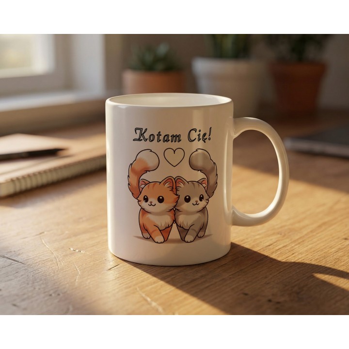 Kubek z nadrukiem „Kotam Cię!” – zakochane kotki, prezent na walentynki dla par